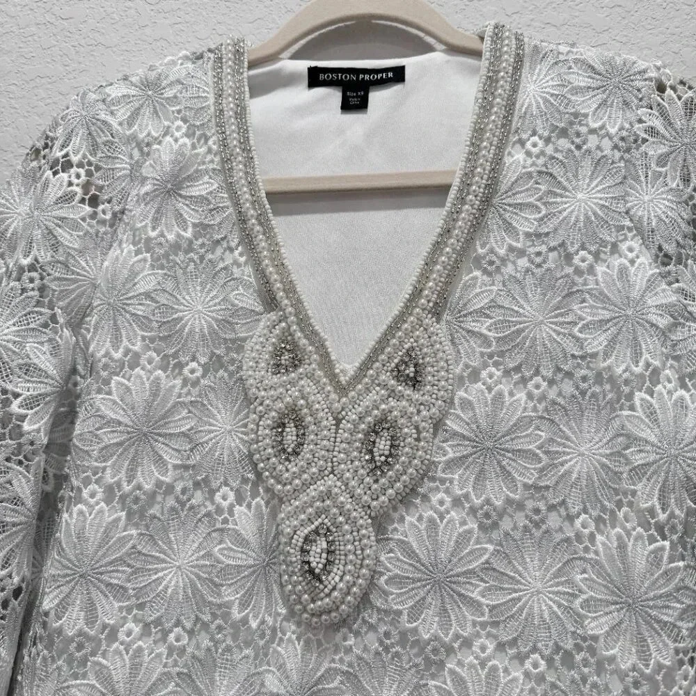 Boston Proper Embellished Metallic Floral Lace Tunic Dress White/Silver Size XS - Picture 6 of 16